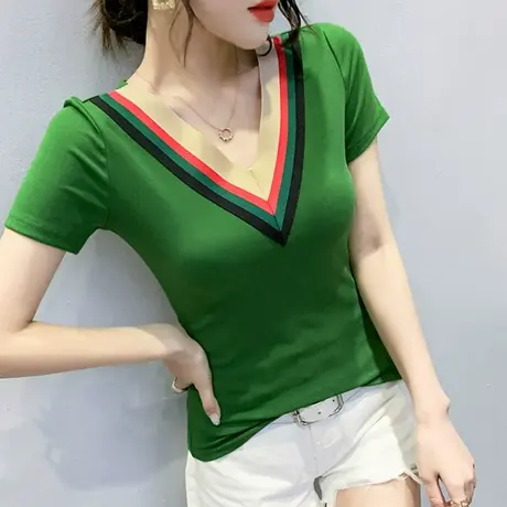 时尚撞色T恤女短袖夏装2023新款洋气百搭V领上衣修身显瘦半袖丅恤商品大图