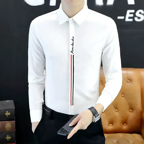 秋季刺绣衬衫男士长袖潮流韩版帅气修身衬衣2023新款时尚白色寸衫商品大图