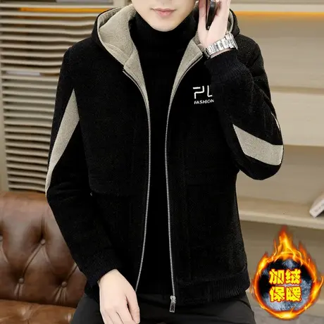 冬季加绒加厚外套男式潮牌高端帅气貂绒夹克短款帅气呢子连帽风衣商品大图
