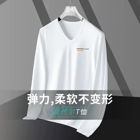莫代尔白色t恤男士长袖V领秋季潮流内搭打底衫秋衣服字母印花体恤商品大图