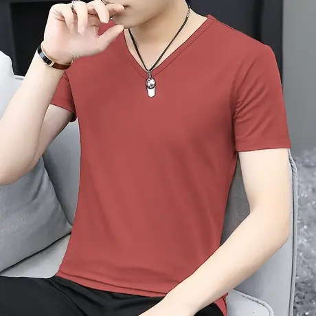 莫代尔冰丝t恤男短袖2024新款V领纯色上衣服夏季半袖速干凉感体恤商品大图