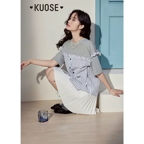 阔色假两件条纹拼接T恤女2023新款夏季宽松设计感短袖上衣图片