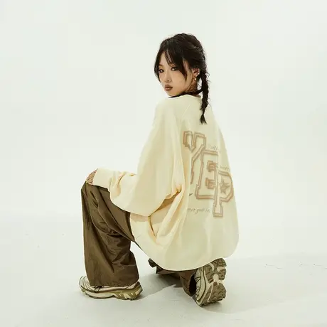 YEP简约复古字母卫衣女春秋款oversize美式宽松无帽ins潮牌上衣图片
