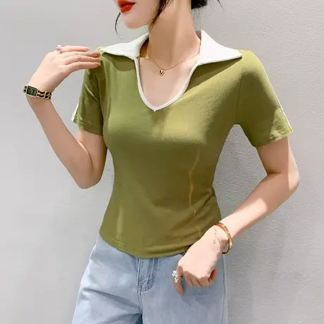 网红个性T恤女短袖夏季高腰紧身小衫设计感拼色上衣POLO领体恤潮图片