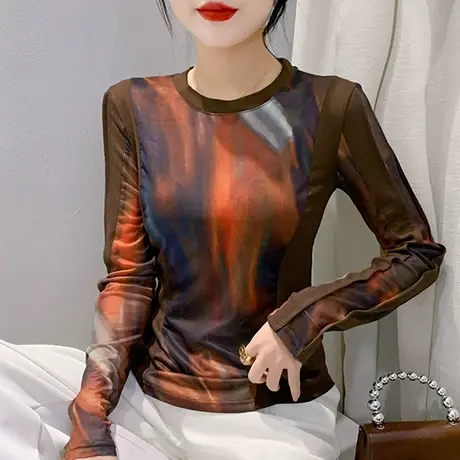 气质减龄圆领T恤女长袖性感网纱扎染印花上衣欧货修身收腰打底衫商品大图