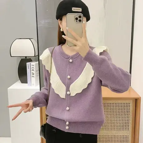 上衣紫色毛衣开衫春装2023年韩系chic别致上衣毛衣开衫针织外套女商品大图