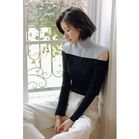 弥古半高领露肩针织衫女秋季外穿打底长袖法式修身短款上衣高级感商品大图