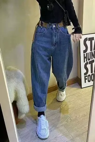 欧货高腰牛仔裤女2023秋季拼织松紧腰哈伦裤宽松百搭显瘦老爹裤潮商品大图