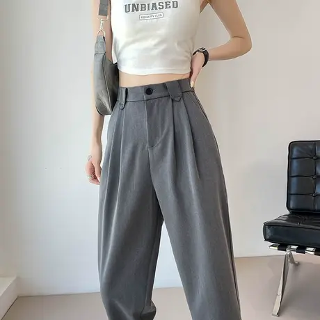 灰色九分冰丝西装裤女夏季薄款高腰显瘦哈伦垂感休闲直筒烟管裤子商品大图