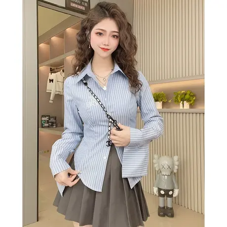 蓝色条纹收腰衬衫设计感小众刺绣衬衣法式肌理感修身长袖纯欲上衣商品大图