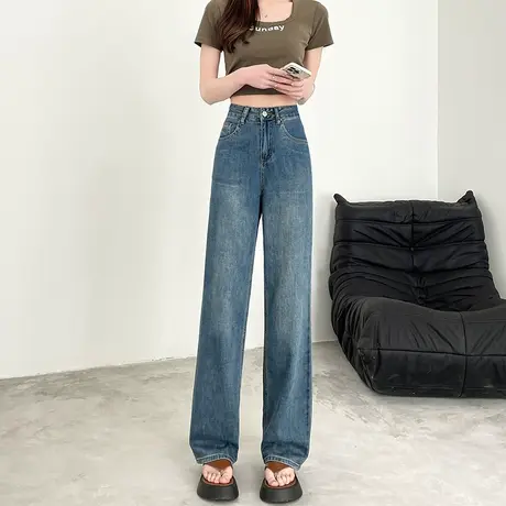 复古阔腿牛仔裤女春秋新款高腰窄版直筒宽松显瘦做旧小个子拖地裤商品大图