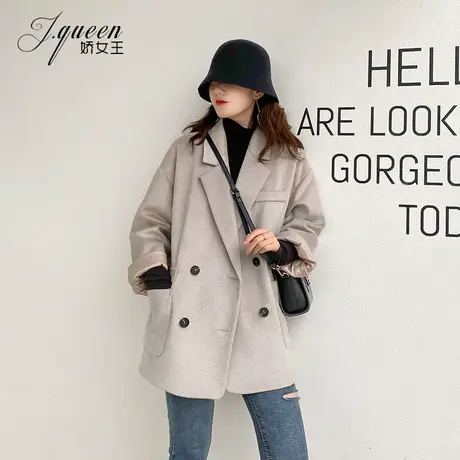 毛呢小西装外套女休闲小个子秋冬季新款复古宽松休闲廓形小西服厚商品大图