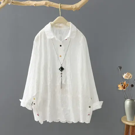 韩范上衣女设计感小众宽松套头长袖衬衣女春夏新款薄款白色衬衫潮图片