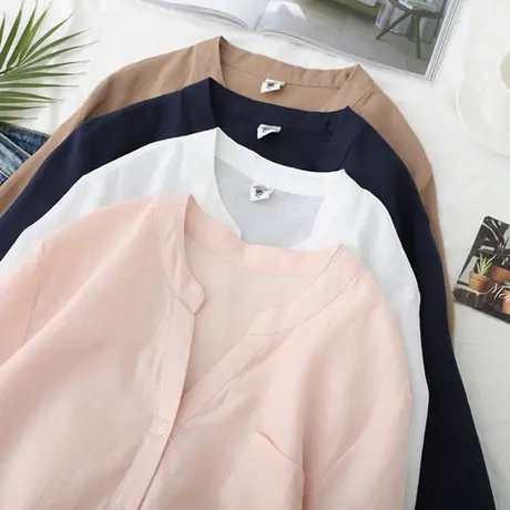 夏季日系中袖V领衬衫女七分袖白衬衣宽松大码防晒衫棉麻短袖上衣商品大图