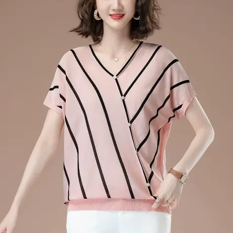 中年妈妈V领条纹短袖T恤夏季宽松加大码女装洋气显瘦冰丝针织上衣商品大图