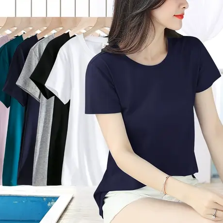 藏青色夏季短袖t恤女2024新款简约百搭体恤修身显瘦纯色大码上衣商品大图