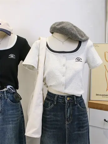 2023春夏新款甜飒风方领短袖t恤女内搭外穿高腰修身显瘦短款上衣图片