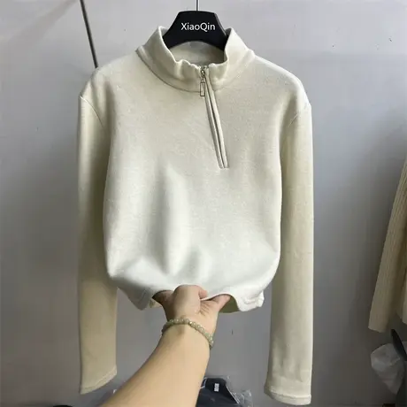 欧货洋气斜拉链立领磨毛卫衣女秋冬高领打底衫设计感小众短款上衣商品大图