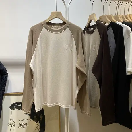 加绒加厚打底衫女秋冬内搭德绒保暖长袖T恤宽松撞色插肩袖上衣潮商品大图