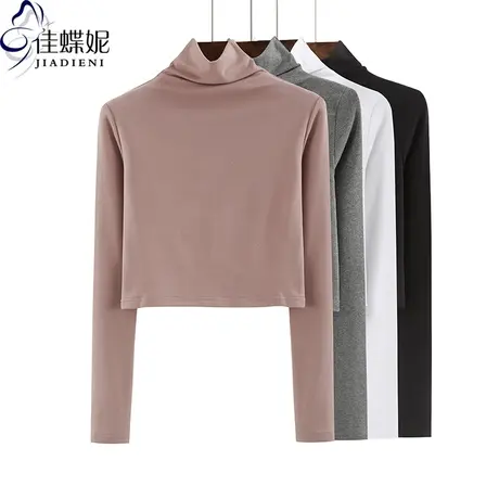 秋季新款韩版高领纯白修身显瘦短款高腰长袖体恤内搭女上衣打底衫商品大图