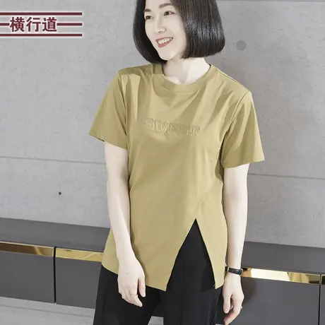 纯色简约圆领绣花开叉宽松短袖T恤女装大码外穿上衣2024夏季新款商品大图