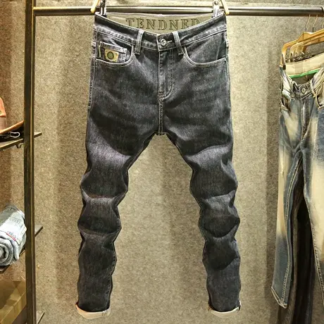 秋冬新款高端潮牌牛仔裤男款黑灰色修身小脚裤休闲百搭男士长裤子商品大图