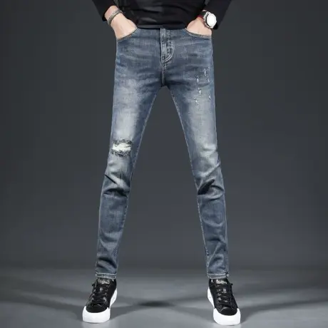 破洞牛仔裤男款秋季2023新款修身小脚蓝色高端潮牌男士裤子春秋款商品大图