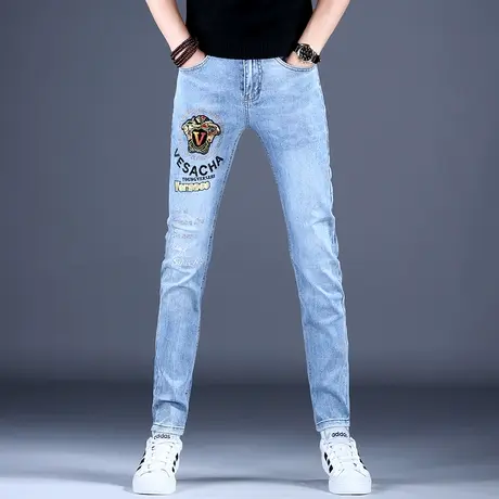 2023新款刺绣印花牛仔裤男款高档潮牌裤子男修身小脚秋冬薄款弹力商品大图