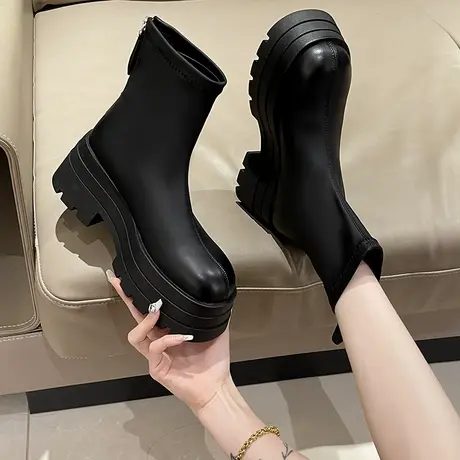 厚底增高弹力靴女2023秋季新款瘦瘦靴拉链百搭松糕圆头显瘦短靴女图片