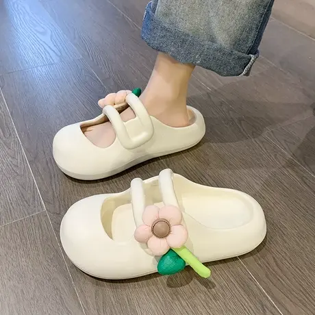 包头半拖鞋女夏季外穿2024年新款网红可爱花朵防滑厚底沙滩凉拖鞋商品大图