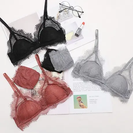 薄款女人内衣裤性感蕾丝聚拢无钢圈胸罩调整型侧收副乳文胸套装商品大图