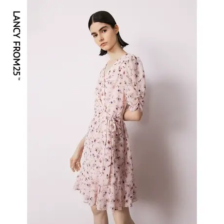 朗姿法式复古碎花v领高腰裙子女2023年秋季高级感气质新款连衣裙图片