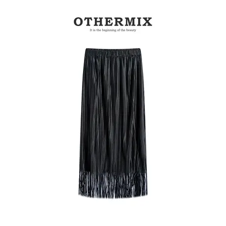 othermix流苏半身裙女2024春秋新款半截裙设计感百褶包臀裙小黑裙图片