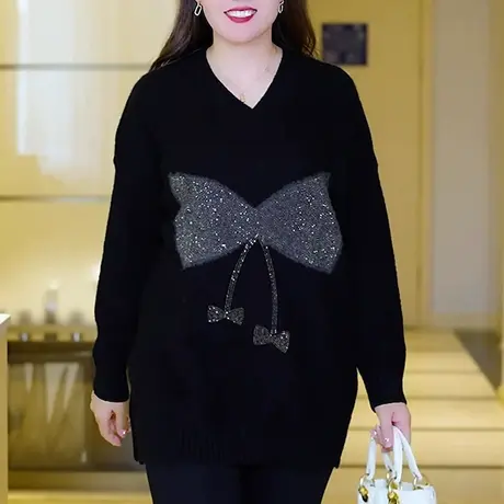 2024春季新款V领大码毛衣女蝴蝶结烫钻打底衫宽松胖mm显瘦上衣潮图片