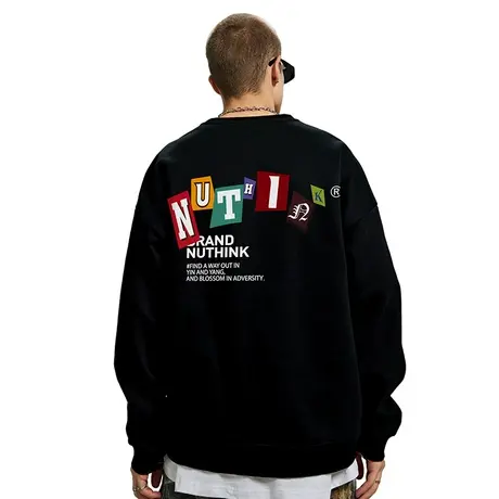 Nuthink美式潮牌加绒加厚字母圆领卫衣男潮宽松大码男士保暖上衣商品大图