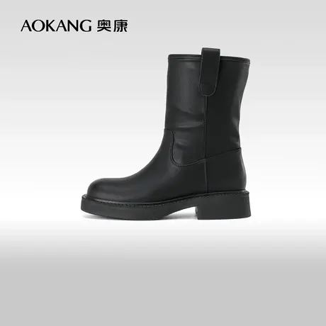 奥康女鞋 2023冬季新款时尚通勤时装靴棕色粗跟圆头中筒靴马丁靴商品大图