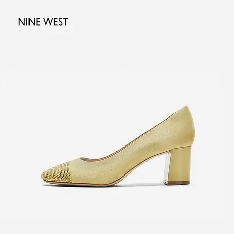 Nine West/玖熙羊反绒水钻单鞋2024年春季新款圆头粗跟浅口高跟鞋商品大图