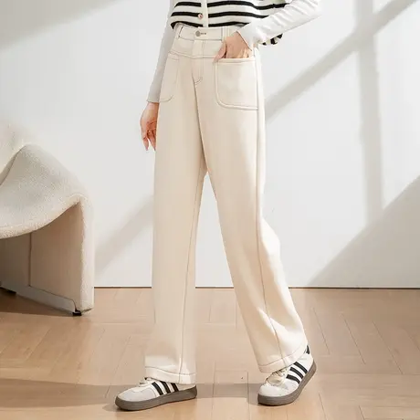 米白色毛呢裤子女秋冬弯刀裤香蕉裤加厚羊毛女裤休闲直筒阔腿长裤商品大图