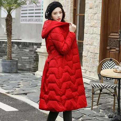 2023冬装新款轻薄羽绒棉服女中长款韩版腰带修身长款过膝棉衣反季图片