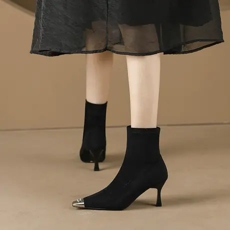 尖头细跟短靴女2023年新款秋冬性感黑色弹力瘦瘦靴高级感短筒裸靴图片