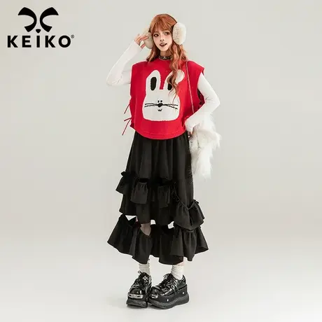 可爱兔子提花红色针织马甲背心2024早春外搭叠穿系带坎肩短款马夹图片