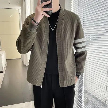 春秋轻熟高级感外套2024新款ins宽松条纹休闲肌理感男装开衫夹克商品大图