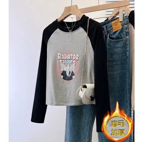 磨毛加厚打底衫冬季字母卡通图案宽松撞色长袖T恤洋气保暖上衣潮商品大图