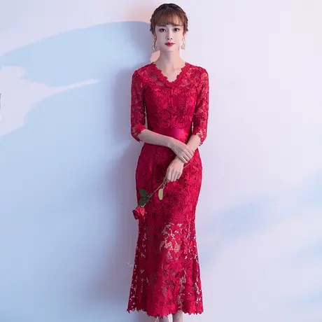 订婚小礼服平时可穿连衣裙女鱼尾敬酒服新娘2023新款夏季红色蕾丝图片