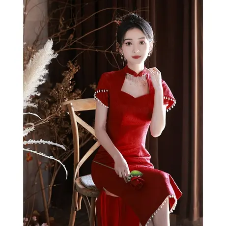 旗袍敬酒服2023新款新娘夏季新中式改良酒红色订婚礼服气质高级感商品大图