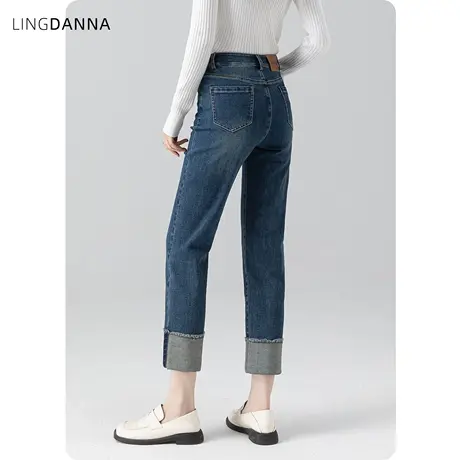 高腰卷边直筒牛仔裤女2024新款小个子裤子九分裤烟管裤欧货法棍裤商品大图