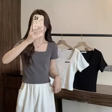 小个子短款方领短袖T恤女夏装2025年新款修身内搭打底衫半袖上衣商品大图