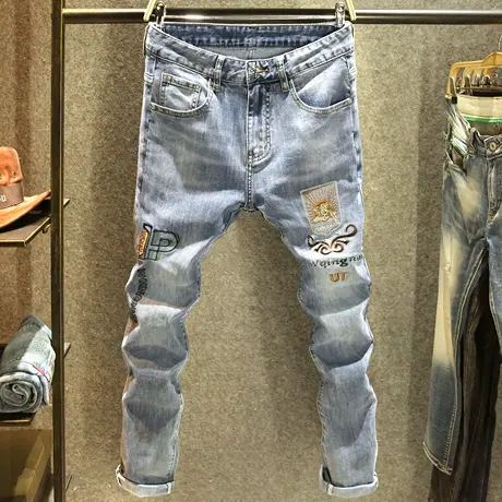 欧洲站高端刺绣牛仔裤男韩版修身小脚裤春秋款ins潮蓝色牛仔长裤商品大图