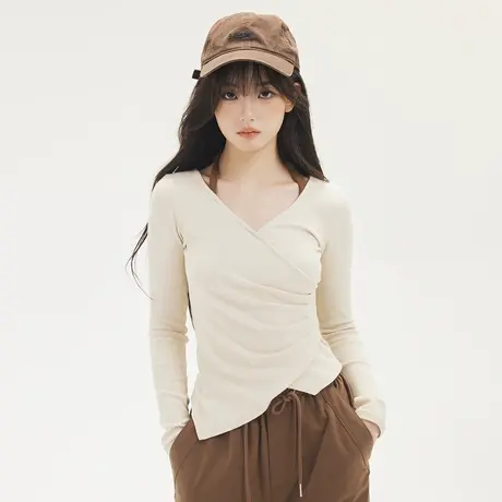不规则设计感长袖打底衫2024早春新款收腰又甜又辣短款v领上衣女商品大图