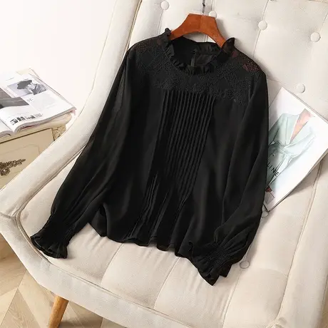 伊自尚2024年大码胖mm春季时尚黑色蕾丝上衣收腰宽松显瘦长袖衬衫图片